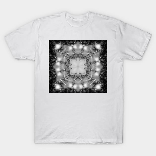 Glowing black and white mandala in space T-Shirt by hereswendy